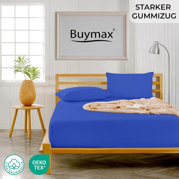 Buymax® Topper Spannbettlaken 200x200 cm Spannbetttuch 100% Baumwolle Jersey für Matratzentopper bis 12 cm Matratzenhöhe Bettlaken für Boxspringbett Topper, Blau Dunkelblau Bild 2