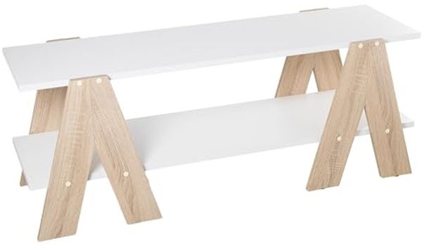 DRW TV-Tisch mit Beinen und Ablage, aus Holz in Weiß und Eiche, 120 x 38 x 46 cm, Regal 120 x 34 x 1,8 cm, 120 x 38 x 46 cm, balda 120 x 34 x 1,8 cm