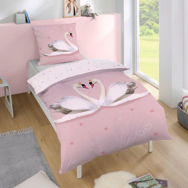 Schwan Wende Bettwäsche Set 135x200 80x80 cm Biber / Flanell Rosa