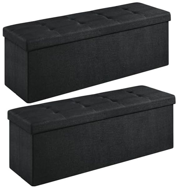 Songmics Sitzbank mit Stauraum, Sitztruhe, Aufbewahrungsbox, faltbar, max. statische Belastbarkeit 300 kg, mit Trenngitter aus Metall, 120 L, 110 x 38 x 38 cm, Leinenimitat, schwarz