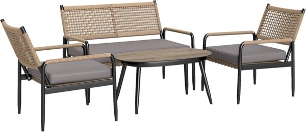 Outsunny Sitzgruppe mit 2er Sofa, Sessel, Glastisch, Kissen, (Gartenmöbel Set aus Polyrattan, 4-tlg, Lounge-Set für 4 Personen), für Garten Balkon, Dunkelgrau+Gelb