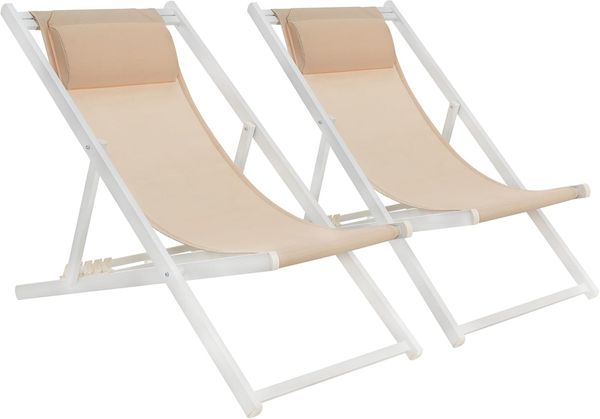 Mondeer Sonnenliege 2er Set, klappbarer Liegestuhl mit Kopfstütze und Verstellbarer Rückenlehne für Garten Pool Terrasse, Belastbarkeit 130kg, W104 x D58 x H95cm, Beige und Weiß
