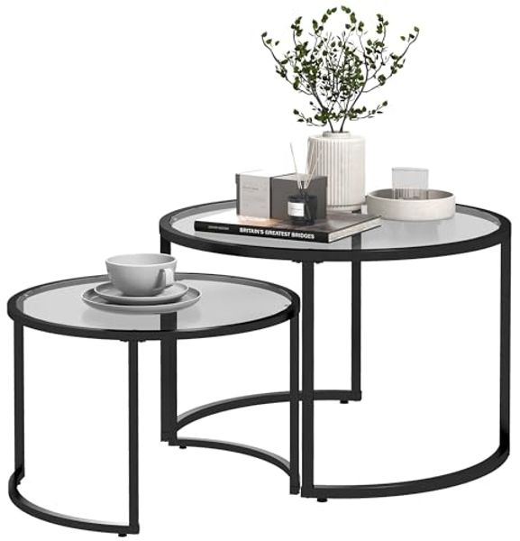 HOMCOM Couchtisch Beistelltisch mit Schwarz Stahlgestell und Tischplatte (Kaffeetisch, 2-St, Sofatisch), für Wohnzimmer, Schlafzimmer Schwarz