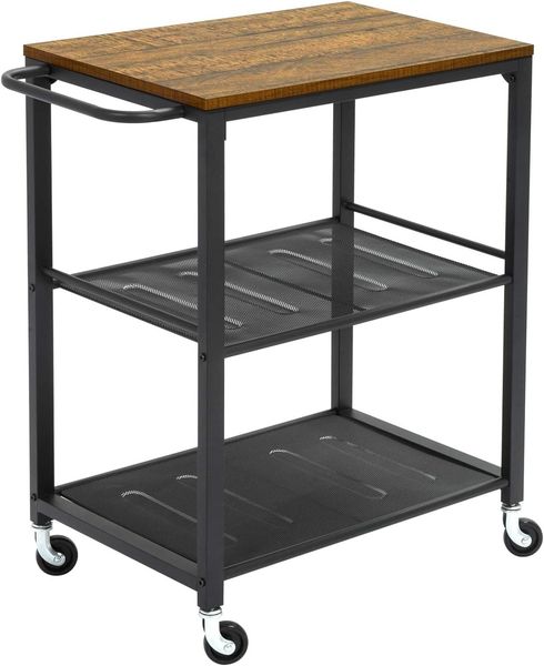 Meerveil Küchenwagen, Servierwagen auf 4 Rollen Bremse und 3 Böden ,Küchenregal mit Metallrahmen, Handlauf Design Rollwagen für Küche und Wohnzimmer, 60 x 40 x 78,5 cm, Industriestil, Braun