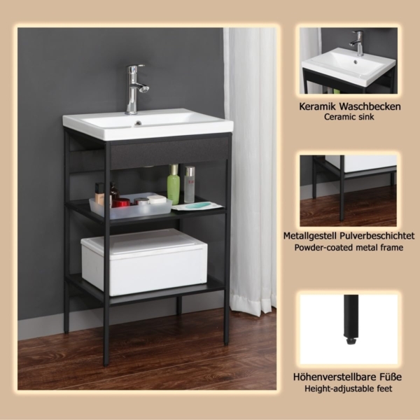 trendteam smart living - Lorin - Waschbeckenregal + Einsatzwaschbecken – Schwarz/Weiß - Regal mit 2 offenen Fächern - (BxHxT) 52 x 83 x 40 cm - modernes Design Bild 7