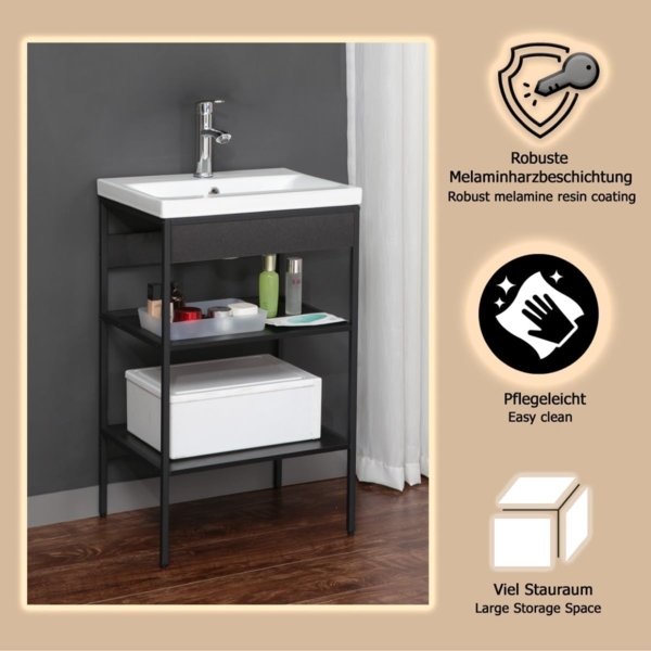 trendteam smart living - Lorin - Waschbeckenregal + Einsatzwaschbecken – Schwarz/Weiß - Regal mit 2 offenen Fächern - (BxHxT) 52 x 83 x 40 cm - modernes Design Bild 8