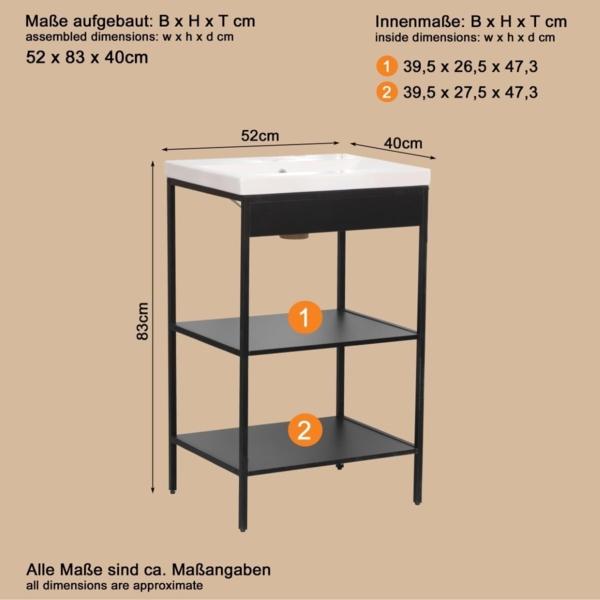 trendteam smart living - Lorin - Waschbeckenregal + Einsatzwaschbecken – Schwarz/Weiß - Regal mit 2 offenen Fächern - (BxHxT) 52 x 83 x 40 cm - modernes Design Bild 3