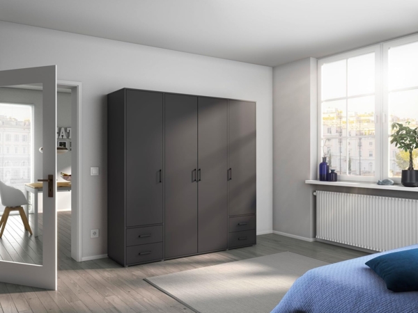 rauch Drehtürenschrank Kleiderschrank Schrank Garderobe Wäscheschrank VOYAGER (in 3 verschiedenen Ausstattungen BASIC/CLASSIC/PREMIUM) moderne Griffe in Graumetallic mit Außenschubkästen MADE IN GERMANY Bild 2