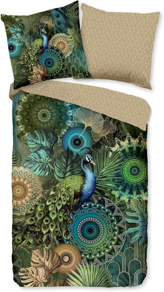 Traumschloss Bettwäsche Comfort Baumwolle, Flanell, 2 teilig, grüne Mandalas mit Pfau und Pflanzen