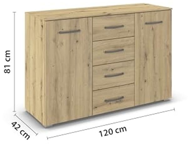 rauch Aditio Box, Kommode, 2-türig, 4 Schubladen, mit Softclose-Funktion, Farbe Eiche Artisan, BxHxT 120x81x42cm Bild 3