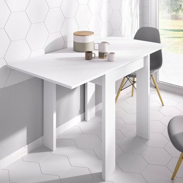 Dmora - Ausziehbarer Comer-Tisch, ausziehbare Konsole mit Mehreren Positionen, zusammenklappbarer Zusatzkonsolentisch, 67/134 x 67 x 79 cm, Weiß