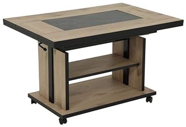 Hela Tische, Couchtisch mit 3 Funktionen Berlin, Dekor Artisan Eiche, Schieferplatteneinlage, Ausziehbar, Höhenverstellbar mit Lift, Kunststoff-Rollen mit Bremse