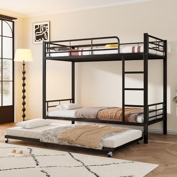 Ball & Cast Hochbett (90x200 cm&90x190 cm) Metall Kinderbett mit Absturzsicherung und Treppe, Etagenbett mit Ausziehbett für 3 Kinder, Schwarz