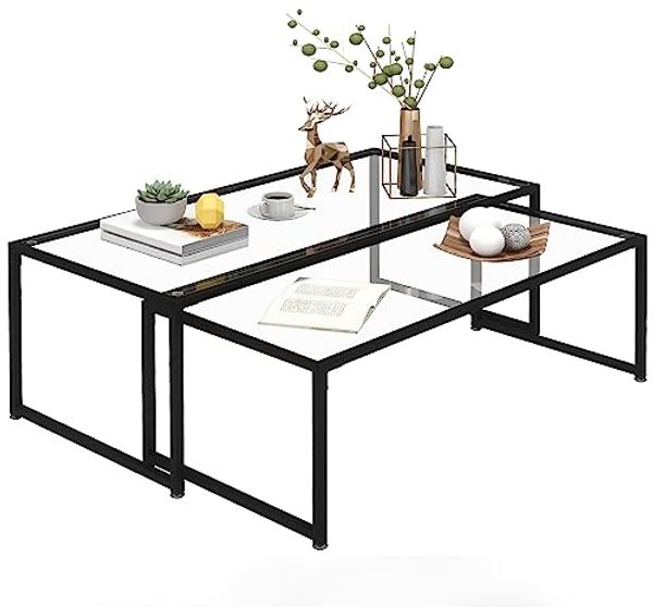 HOMCOM Couchtisch Satztisch, Glastisch, Sofatisch (Beistelltisch, 2-St, Kaffeetisch), für Schlafzimmer, Gehärtetes Glas, Stahl, Schwarz