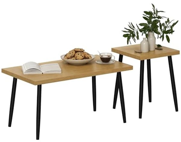 HOMCOM Couchtisch 2er Set Kaffeetisch mit Stahlrahmen (Sofatisch, 2-St, Beistelltisch), für Wohnzimmer, Natur