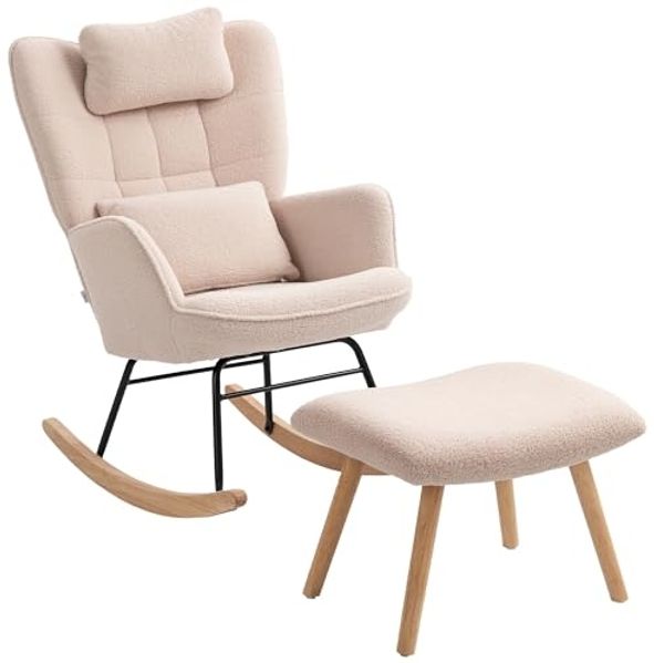 HOMCOM Schaukelsessel Gepolstert Schwingsessel mit Kissen, Fleece-Bezug, hoher Rückenlehne (Schwingstuhl, 2-St, Schaukelstuhl und Fußhocker), Stillsessel für Wohnzimmer, Schlafzimmer Beige