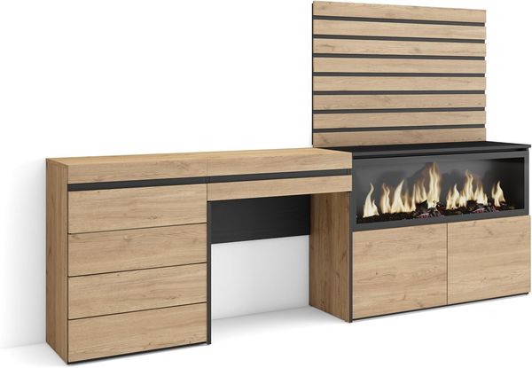 Skraut Home | Schminktisch | Frisiertisch mit Stauraum | 234 x 145 x 35 cm | mit Schublade | Elektrokamin XXL | Kommode mit Schubladen | Lamellenwand Holz | Moderner Stil | Eiche