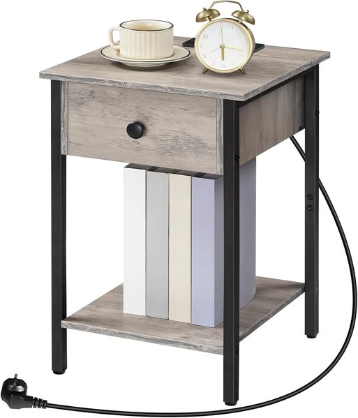 HOOBRO Nachttisch mit Ladestation, Beistelltisch mit Schublade und Ablage, Nachtschrank mit USB-Anschlüsse und Steckdose, Nachtkommode für kleine Räume und Schlafzimmer, Greige-Schwarz EBG40CBZ01
