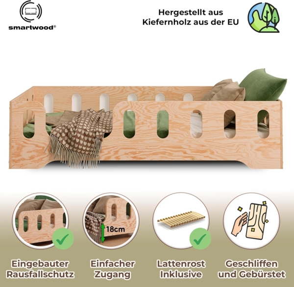 smartwood Bodenbett 140x200 Montessori Kinderbett aus Holz mit FSC-Zertifikat TILA 2L mit Rausfallschutz & Lattenrost bis 300kg belastbar - Einfache Montage Bild 3