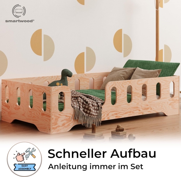 smartwood Bodenbett 140x200 Montessori Kinderbett aus Holz mit FSC-Zertifikat TILA 2L mit Rausfallschutz & Lattenrost bis 300kg belastbar - Einfache Montage Bild 4