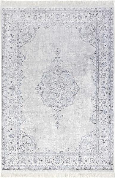 Orientalischer Samt-Teppich Fransen Oriental Vintage Medallion Pastell-Blau - 95x140x0,5cm