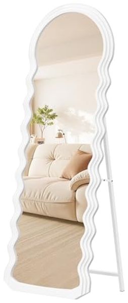 SONGMICS Ganzkörperspiegel, 160 x 50 cm, Standspiegel, wellenförmiges Design, mit Ständer, freistehend, MDF-Rahmen, für Schlafzimmer, Wohnzimmer, Eingangsbereich, wolkenweiß