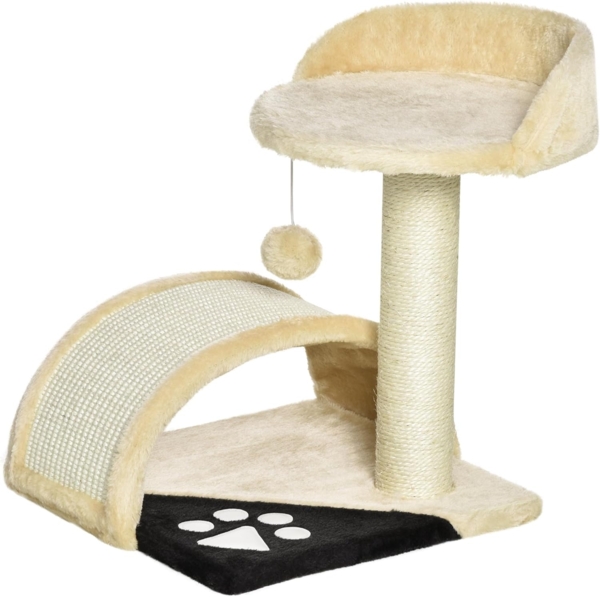 PawHut Kratzbaum Katzenbaum mit Spielbällen Katzenkratzbaum, Sisalseil-Kratzstangen, Beige, 35.5 x 37 x 46 cm