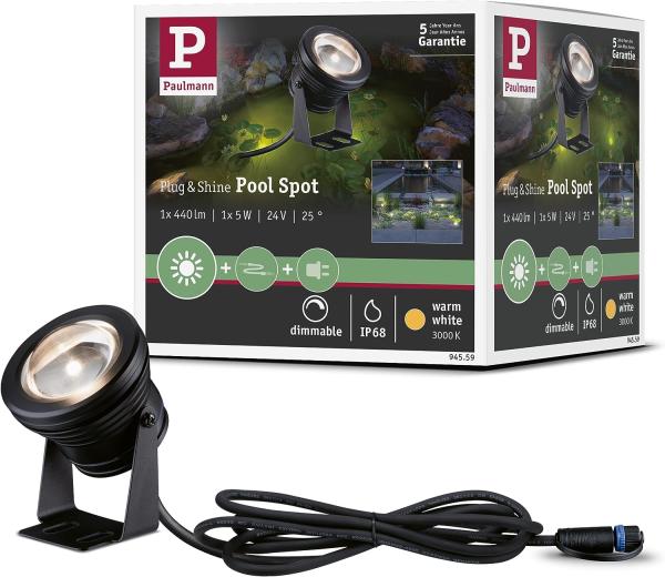 Paulmann No. 94559 Plug&Shine LED Spot Teichleuchte IP68 5W mit 2m Kabel