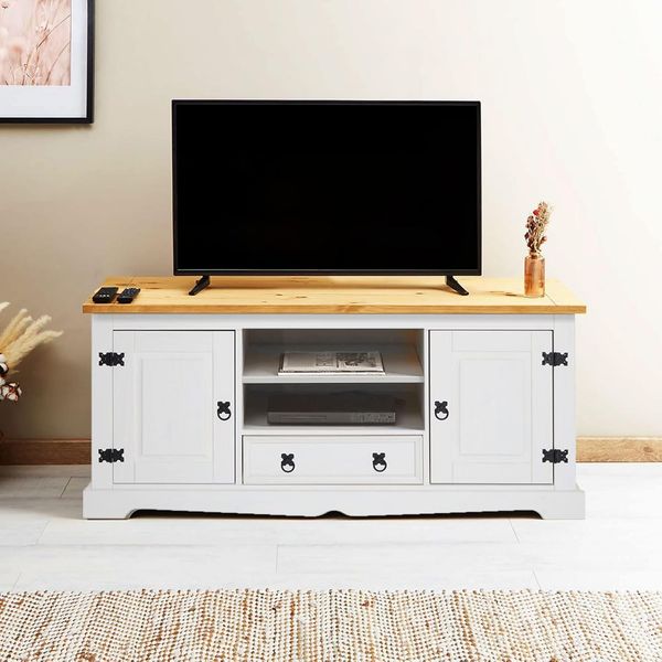 IDIMEX Lowboard Tequila im Mexiko Stil in weiß/braun, Elegante TV Bank mit 2 Fächern aus massiver Kiefer, TV Unterschrank mit Türen und Schubladen