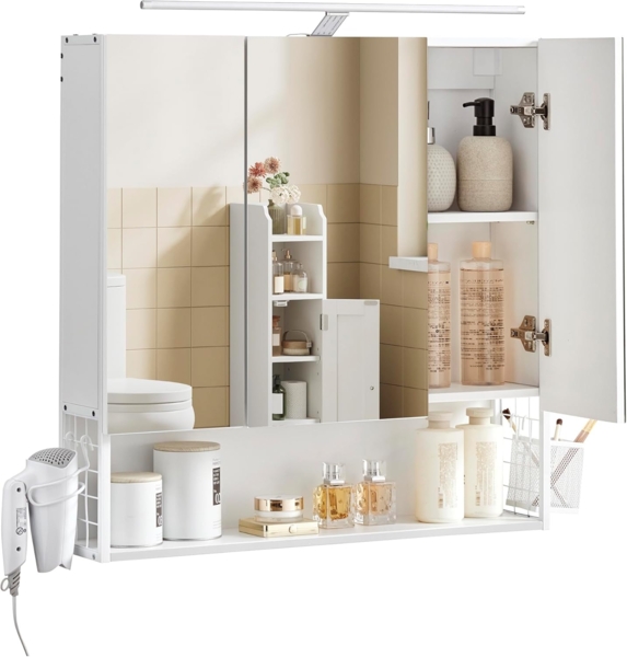 Vasagle Spiegelschrank Badezimmerschrank mit Beleuchtung & Kabel, Holzspanplatte Weiß, 14,5 x 70 x 70 cm