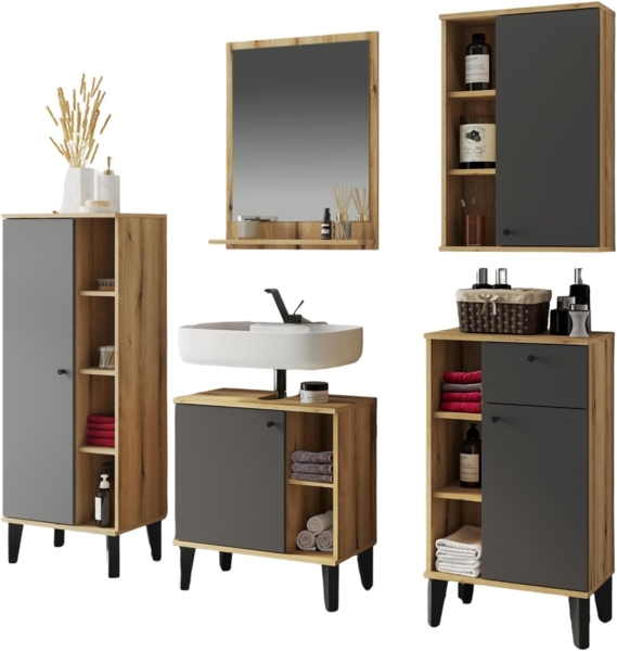 Badmöbel Set 5-teilig Torsby in grau und Eiche 180 cm