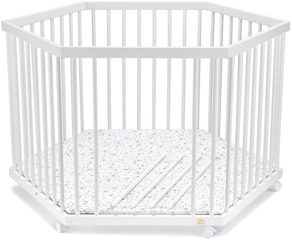 FabiMax 4138 Laufgitter 6-eckig, Weiß, Buche massiv, höhenverstellbar, Schlupfsprossen, Parkettrollen