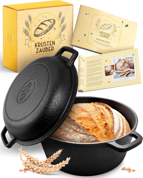Krustenzauber Kasserolle Gusseisen Topf als Kochtopf, Schmortopf oder Brotbackform