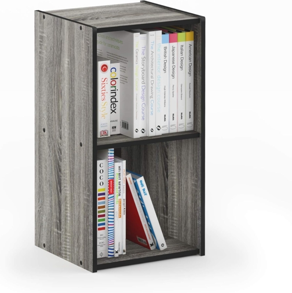 Furinno Pelli kubischer Aufbewahrungsschrank mit 2 Fächern, holz, Französische Eiche Grau/Schwarz, 29.49 x 31.09 x 61.39 cm