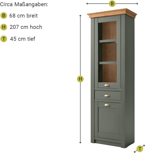 Lomadox Vitrine CINCINNATI-61 im Landhausstil grün mit Wotaneiche, B/H/T: 68/207/45cm Bild 4
