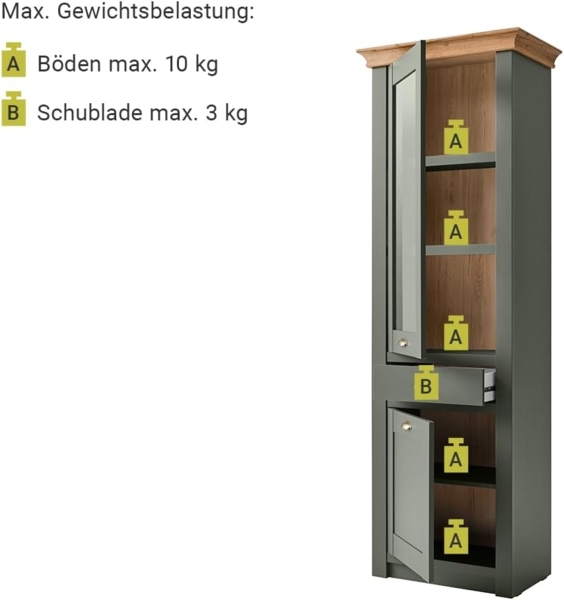 Lomadox Vitrine CINCINNATI-61 im Landhausstil grün mit Wotaneiche, B/H/T: 68/207/45cm Bild 3