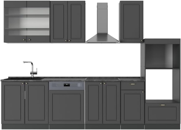 Küchenzeile Fame-Line Anthrazit-Gold Landhaus 300 cm mit Hochschrank, AP Anthrazit Vicco