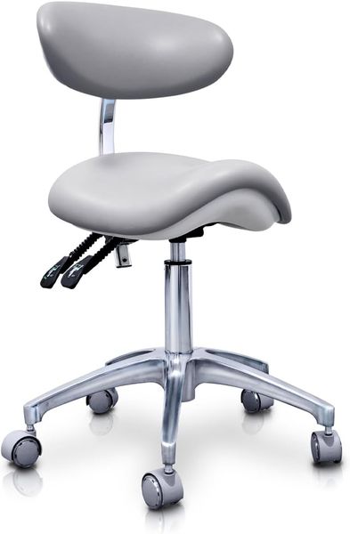 QUIRUMED Elite hydraulischer Pony-Hocker, silberfarben, multidisziplinär, Edelstahl, Kunstleder, ergonomische Rückenlehne, Polyurethan-Polsterung, höhenverstellbar