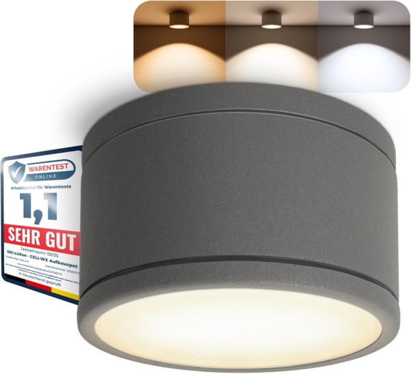 SSC-LUXon LED Außen-Deckenleuchte CELI-WX Bad Aufbauleuchte flach IP44 anthrazit mit LED GX53 Lampe 3W, Warmweiß