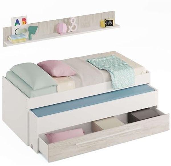 Habitdesign, Kinder- und Jugendbett mit 2 Liegeflächen, Schublade und Regal, platzsparendes Funktionsbett in Artik Weiß und Velho, Maße: 96 x 65 x 199 cm (B x H x T), Modell Elliot (ohne Lattenrost)