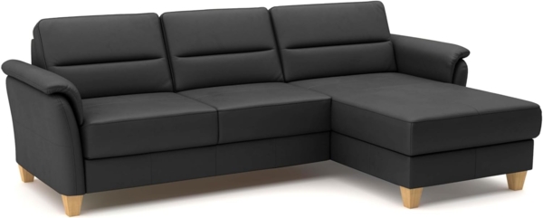 CAVADORE Leder-Ecksofa Palera mit Longchair / Landhaus-Couch mit Federkern + massiven Holzfüßen / 244 x 89 x 163 / Leder Schwarz