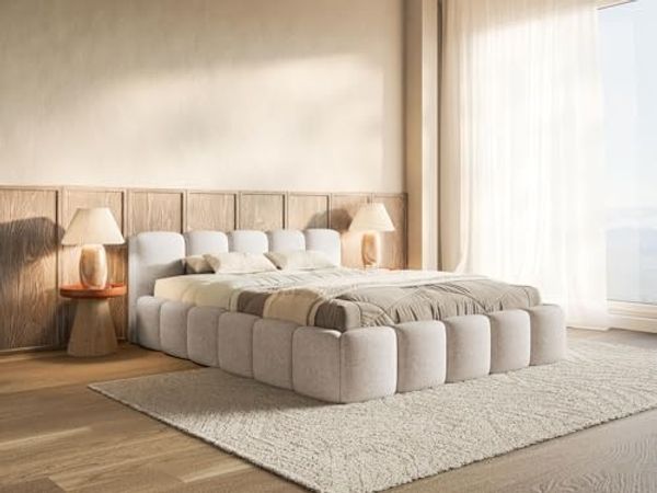 Selsey Polsterbett 200x200 cm Modernes Bettgestell mit Lattenrost Elegantes Design in Hellbeige Szenil Toronto Robuster Holzrollrost für Komfort Bodenschonende Kunststoffgleiter Max Belastung 250 kg