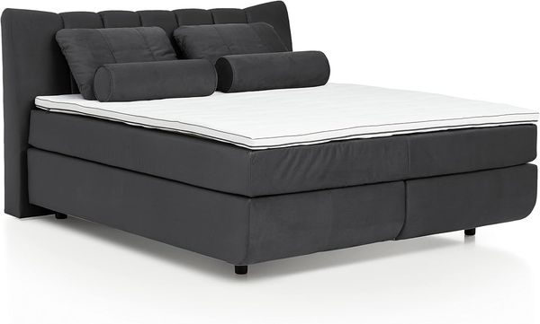 Mivano Free Boxspringbett/Bett mit 7-Zonen-Taschenfederkern-Matratze und Basic Topper/Härtegrad H2, Velours Cosy Dunkelgrau, Liegefläche 180x200 cm