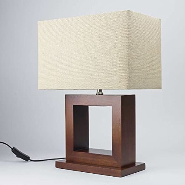 Licht-Erlebnisse Nachttischlampe WINDOW, ohne Leuchtmittel, Holz Stoff blendarm E27 43,5 cm Braun Beige Kabelschalter