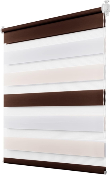 Deswell Doppelrollo Klemmfix ohne Bohren Weiß-beige-braun B105 x H120 cm (Stoffbreite 101cm) Rollos für Fenster ohne Bohren für Fenster mit Lichtdurchlässig & Verdunkelnd/Höhe Stufenlos Verstellbar