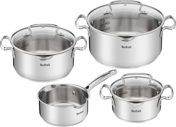 Tefal Topf-Set Duetto+ G719S7, Edelstahl 18/10 (Set, 7-tlg, Kochtopf mit Glasdeckel 16/20/24 cm, Stielkasserolle 16 cm), hochwertiger Edelstahl, hochglanzpoliert, Glasdeckel mit Siebfunktion