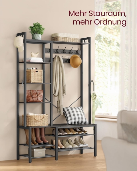 Vasagle Garderobenständer mit Schuhbank, Garderobe, 5 Regalebenen aus Spanplatten, 9 Dreifach-Haken, 6 seitliche Haken, Holzspanplatte, Stahl, steingrau-tintenschwarz, 40 x 120 x 190 cm Bild 3