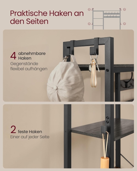 Vasagle Garderobenständer mit Schuhbank, Garderobe, 5 Regalebenen aus Spanplatten, 9 Dreifach-Haken, 6 seitliche Haken, Holzspanplatte, Stahl, steingrau-tintenschwarz, 40 x 120 x 190 cm Bild 7
