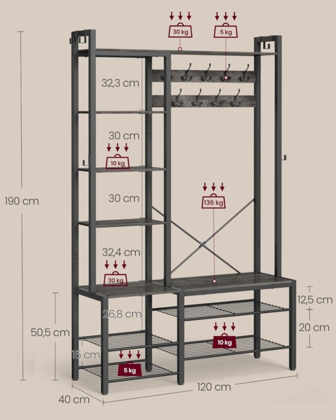 Vasagle Garderobenständer mit Schuhbank, Garderobe, 5 Regalebenen aus Spanplatten, 9 Dreifach-Haken, 6 seitliche Haken, Holzspanplatte, Stahl, steingrau-tintenschwarz, 40 x 120 x 190 cm Bild 5