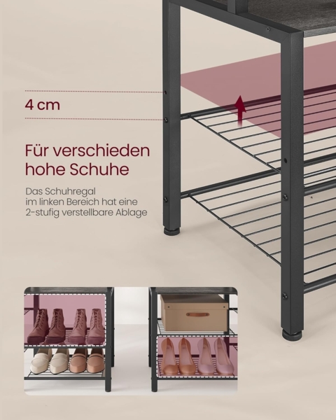 Vasagle Garderobenständer mit Schuhbank, Garderobe, 5 Regalebenen aus Spanplatten, 9 Dreifach-Haken, 6 seitliche Haken, Holzspanplatte, Stahl, steingrau-tintenschwarz, 40 x 120 x 190 cm Bild 6